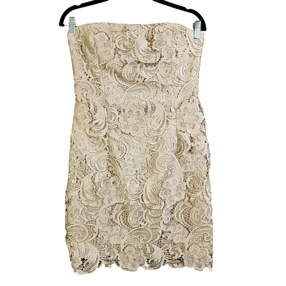 Cache Womens Vintage Gold Lace Strapless Dress Size 8 Floral Lace Mini Cocktail